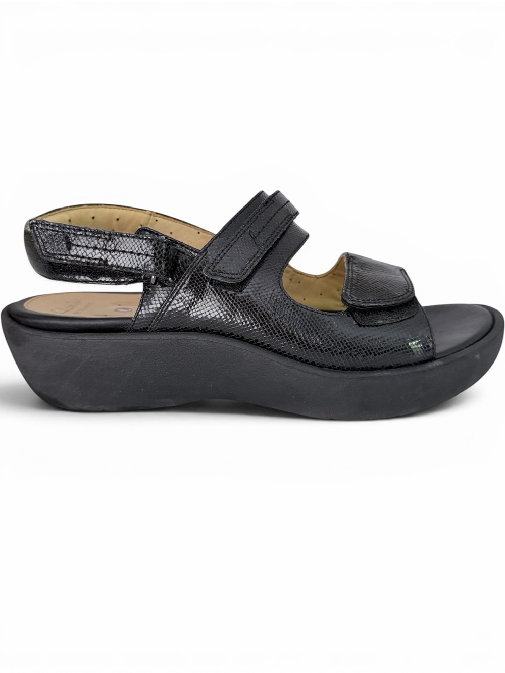 CLARKS Black Un Harvest Unstructured Leather Comfort Wedge Sandals size 9M